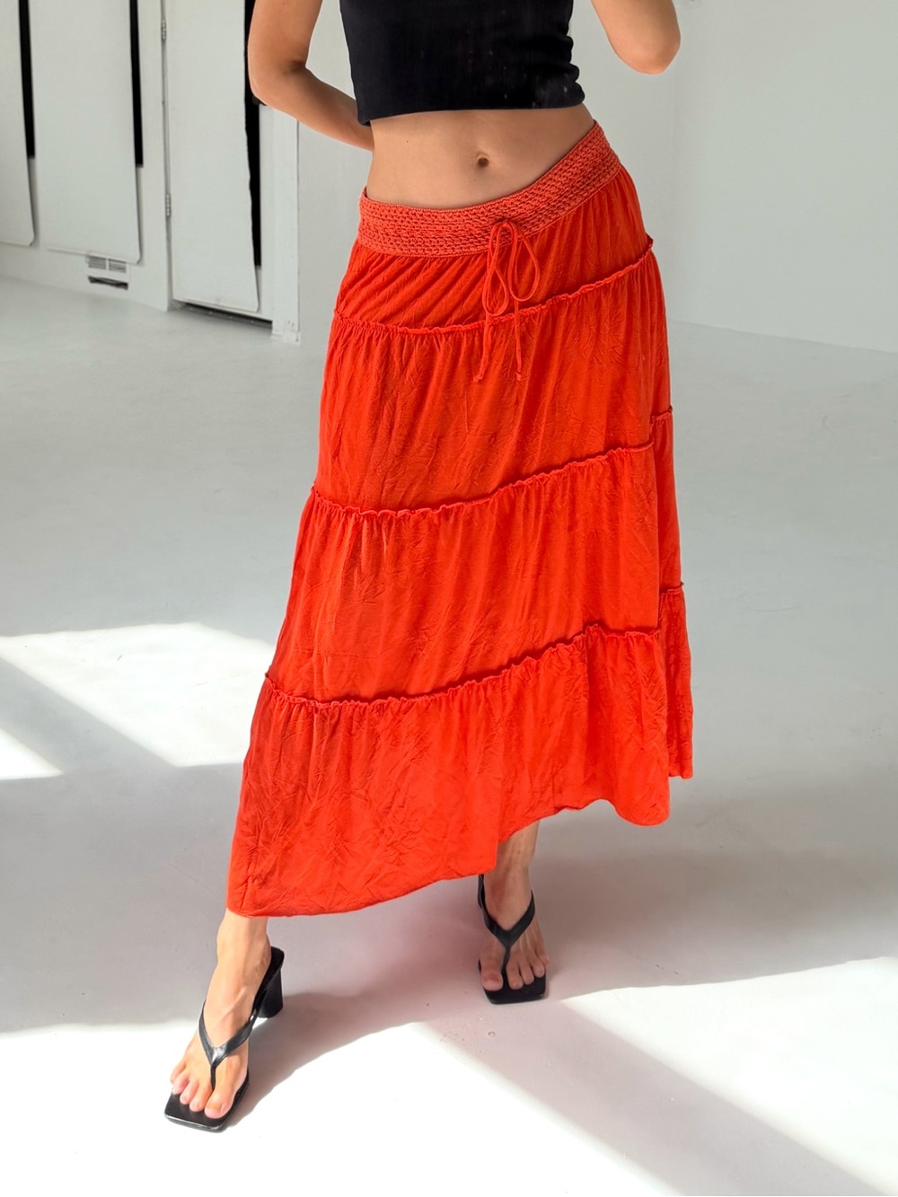 Flowy Orange Boho Tiered Maxi Skirt